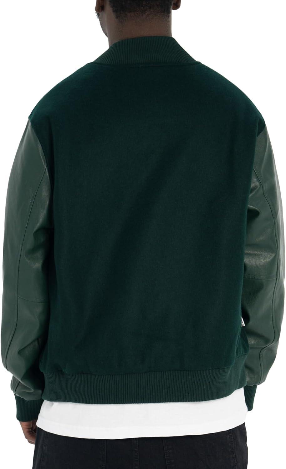 imagePro Club Mens Heavyweight Vegan LeatherWool Varsity JacketForest Green