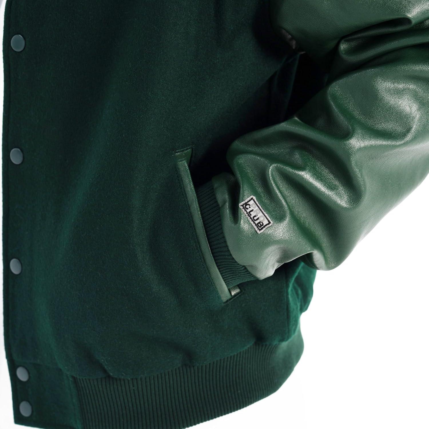 imagePro Club Mens Heavyweight Vegan LeatherWool Varsity JacketForest Green