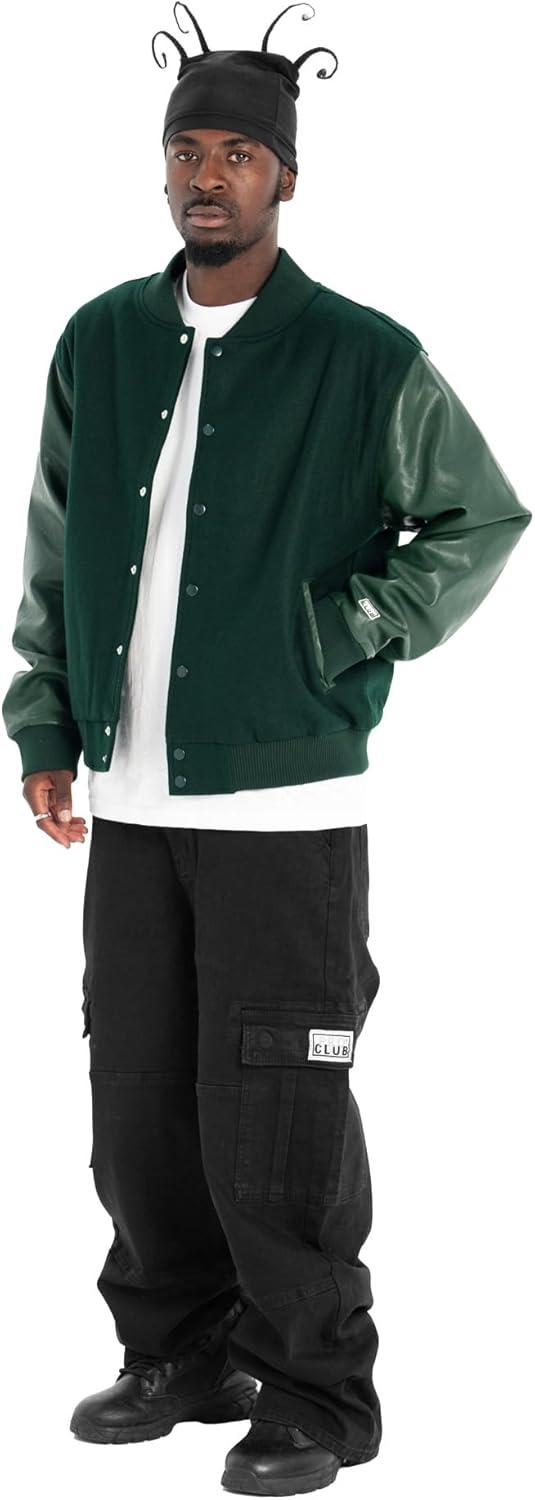 imagePro Club Mens Heavyweight Vegan LeatherWool Varsity JacketForest Green