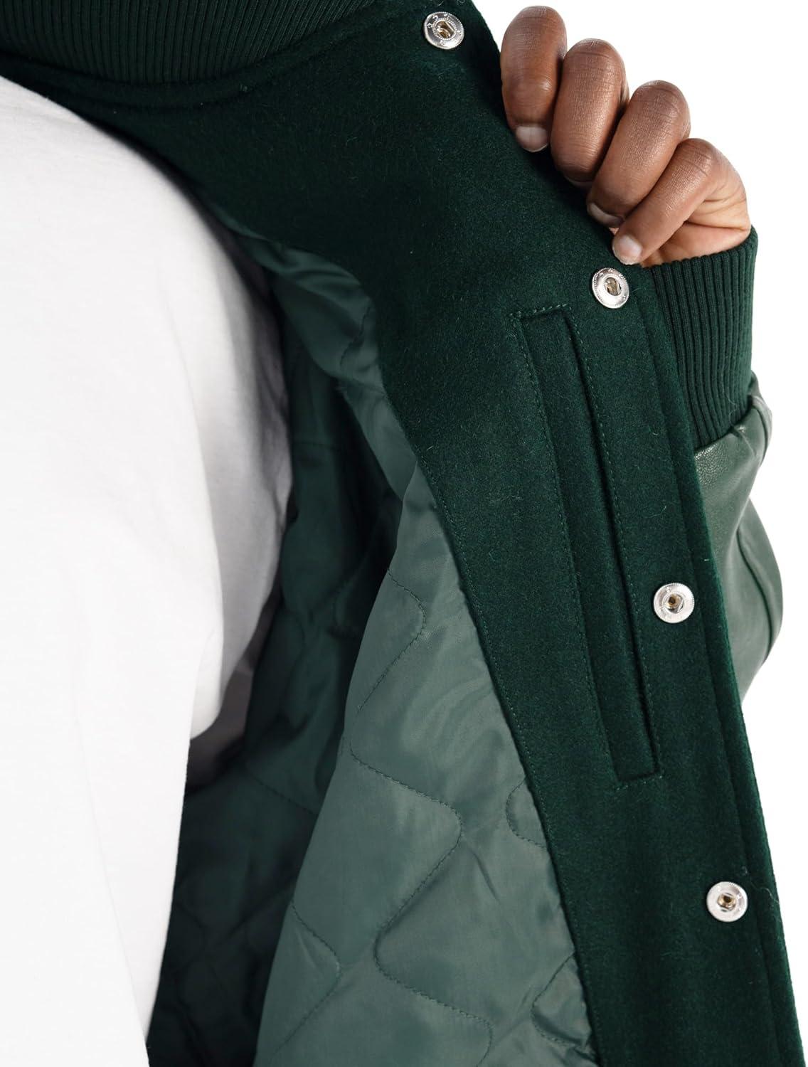 imagePro Club Mens Heavyweight Vegan LeatherWool Varsity JacketForest Green