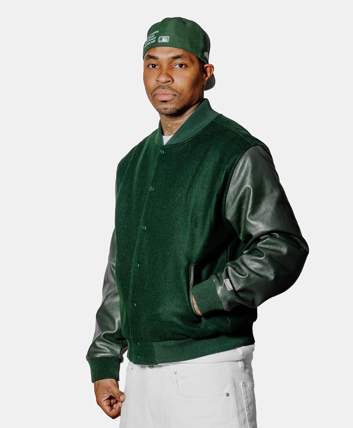 imagePro Club Mens Heavyweight Vegan LeatherWool Varsity JacketForest Green