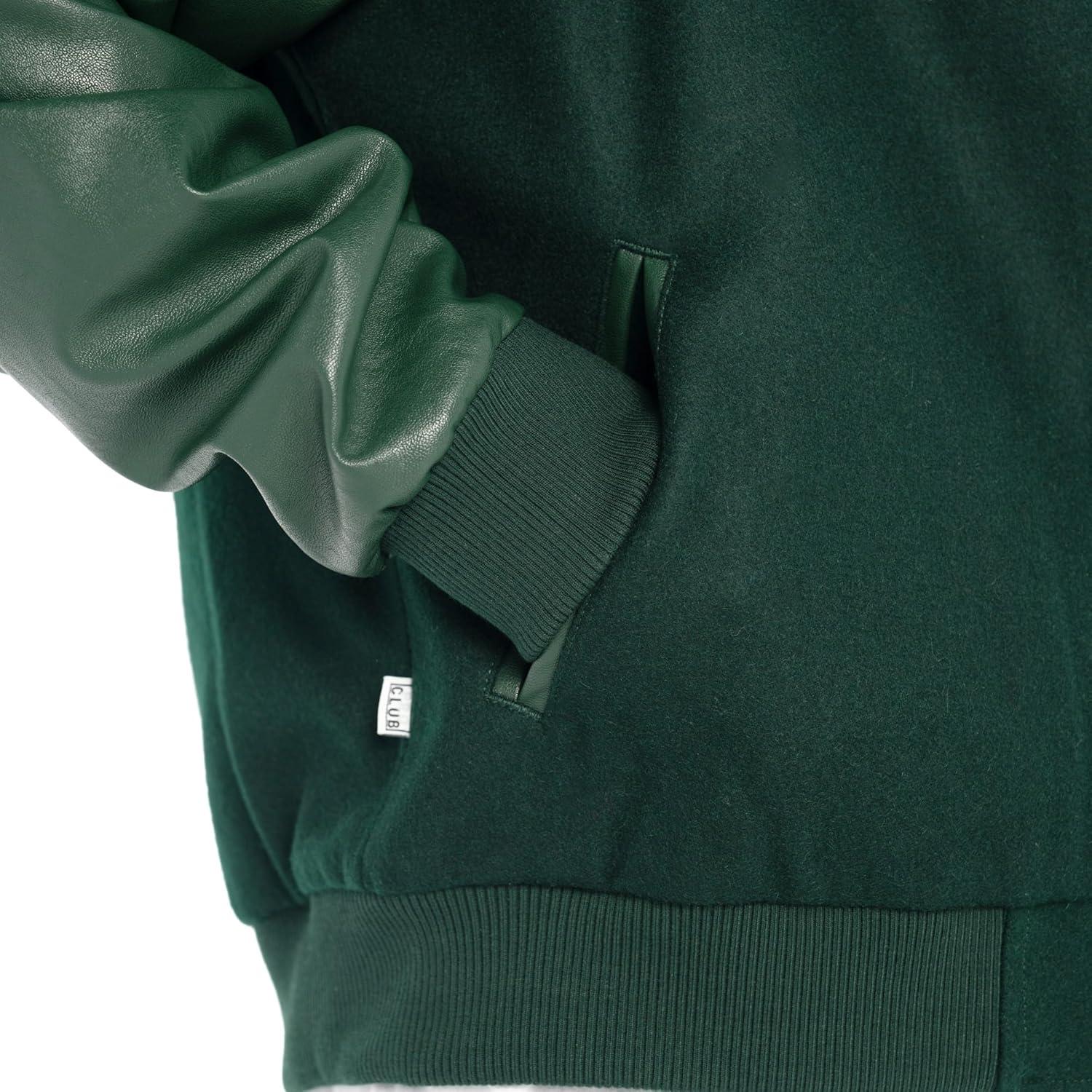 imagePro Club Mens Heavyweight Vegan LeatherWool Varsity JacketForest Green