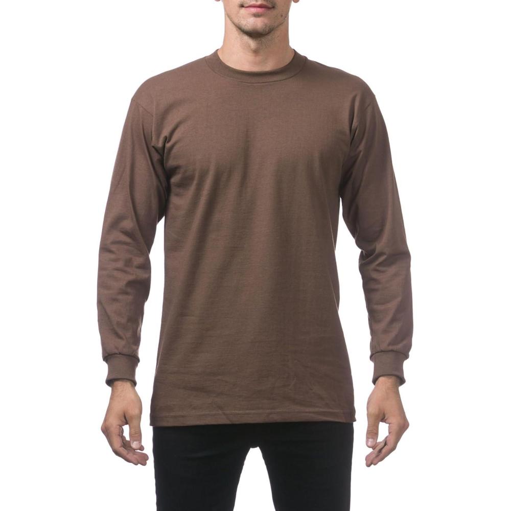 imagePro Club Mens Heavyweight Cotton Long Sleeve Crew Neck TShirtBrown