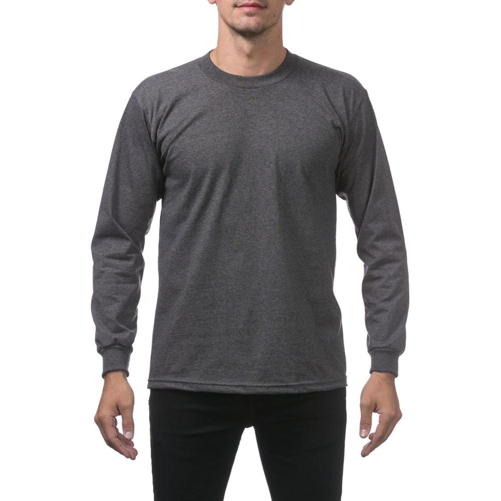 imagePro Club Mens Heavyweight Cotton Long Sleeve Crew Neck TShirtCharcoal