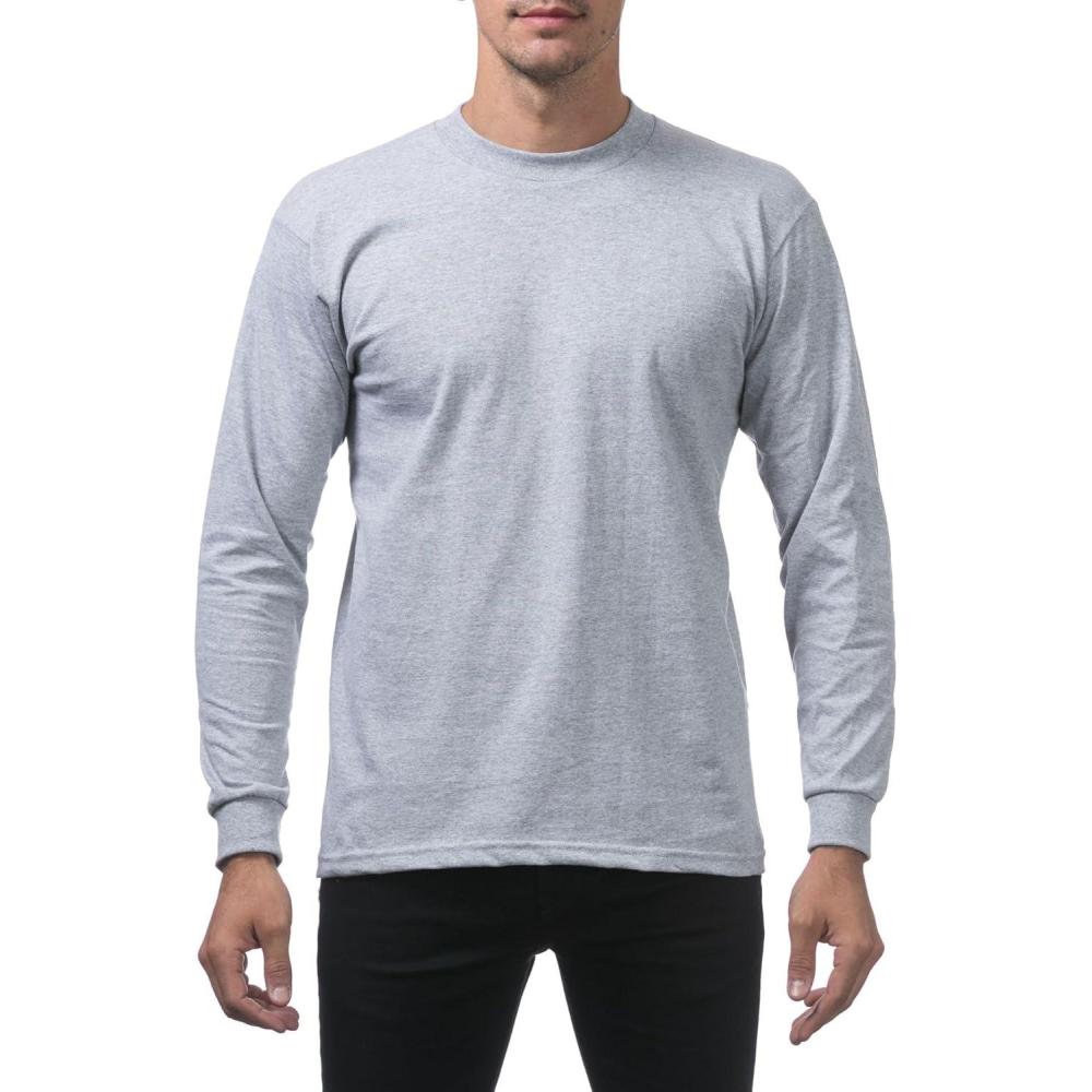 imagePro Club Mens Heavyweight Cotton Long Sleeve Crew Neck TShirtHeather Gray